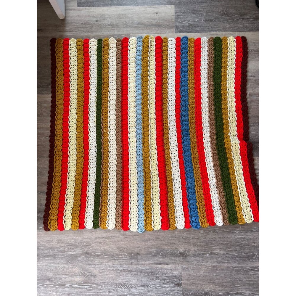 Handmade Multicolor Crocheted Blanket With Striped Pattern 45" X 43" B4